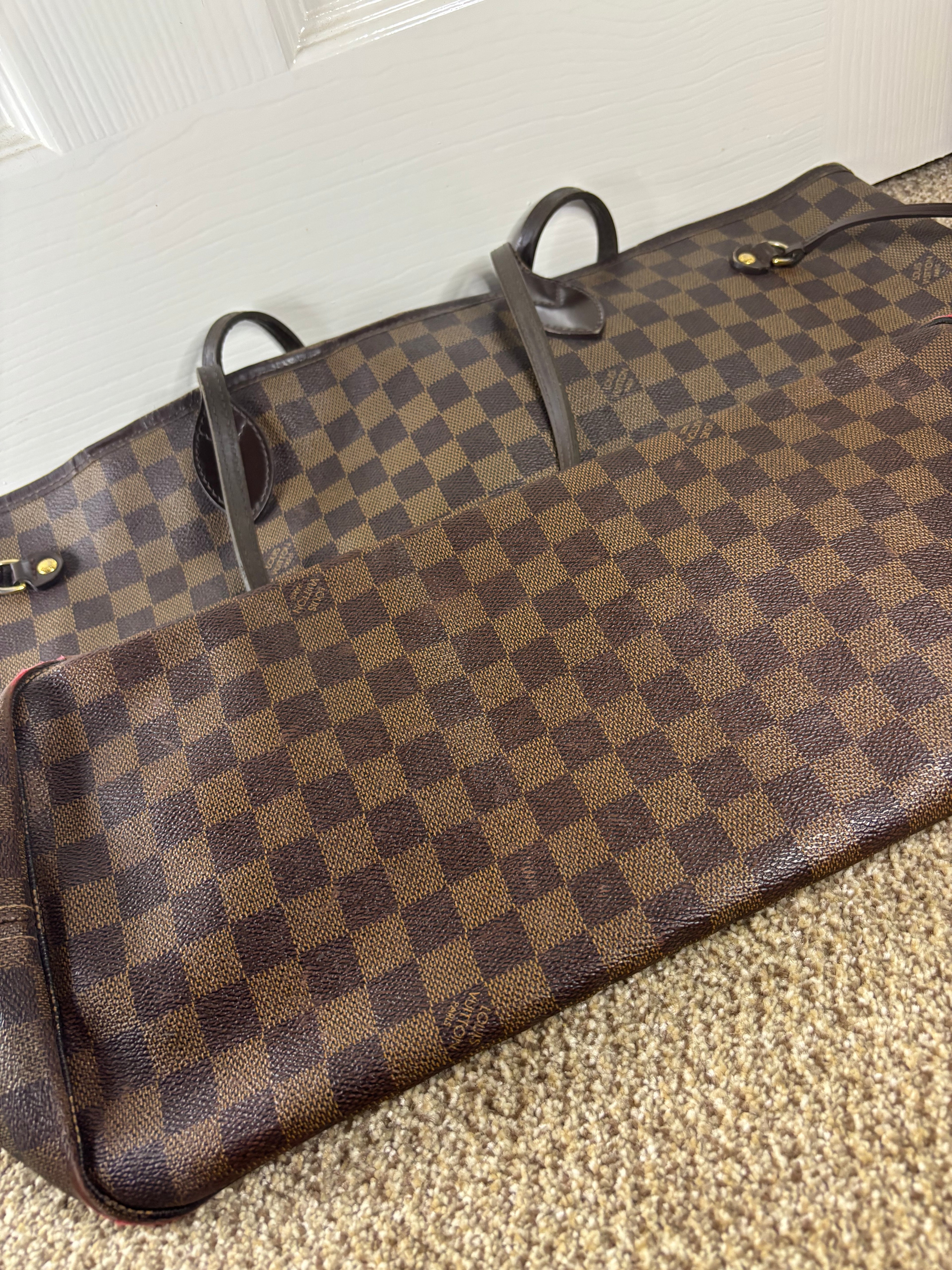 Louis Vuitton Damier Ebene Neverfull Tote Bag Brown Red Interior