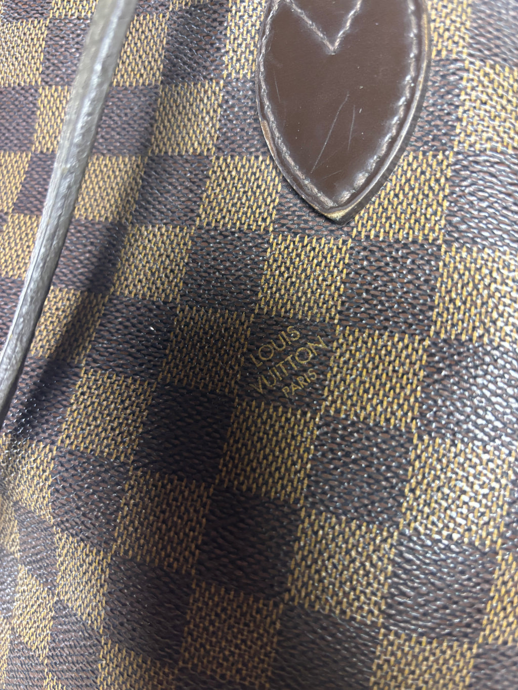 Louis Vuitton Damier Ebene Neverfull Tote Bag Brown Red Interior