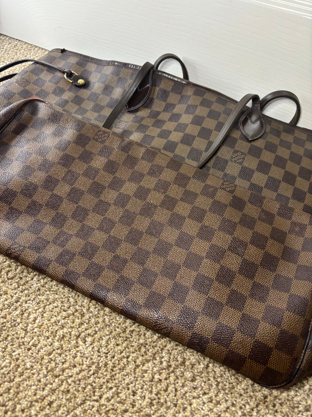 Louis Vuitton Damier Ebene Neverfull Tote Bag Brown Red Interior