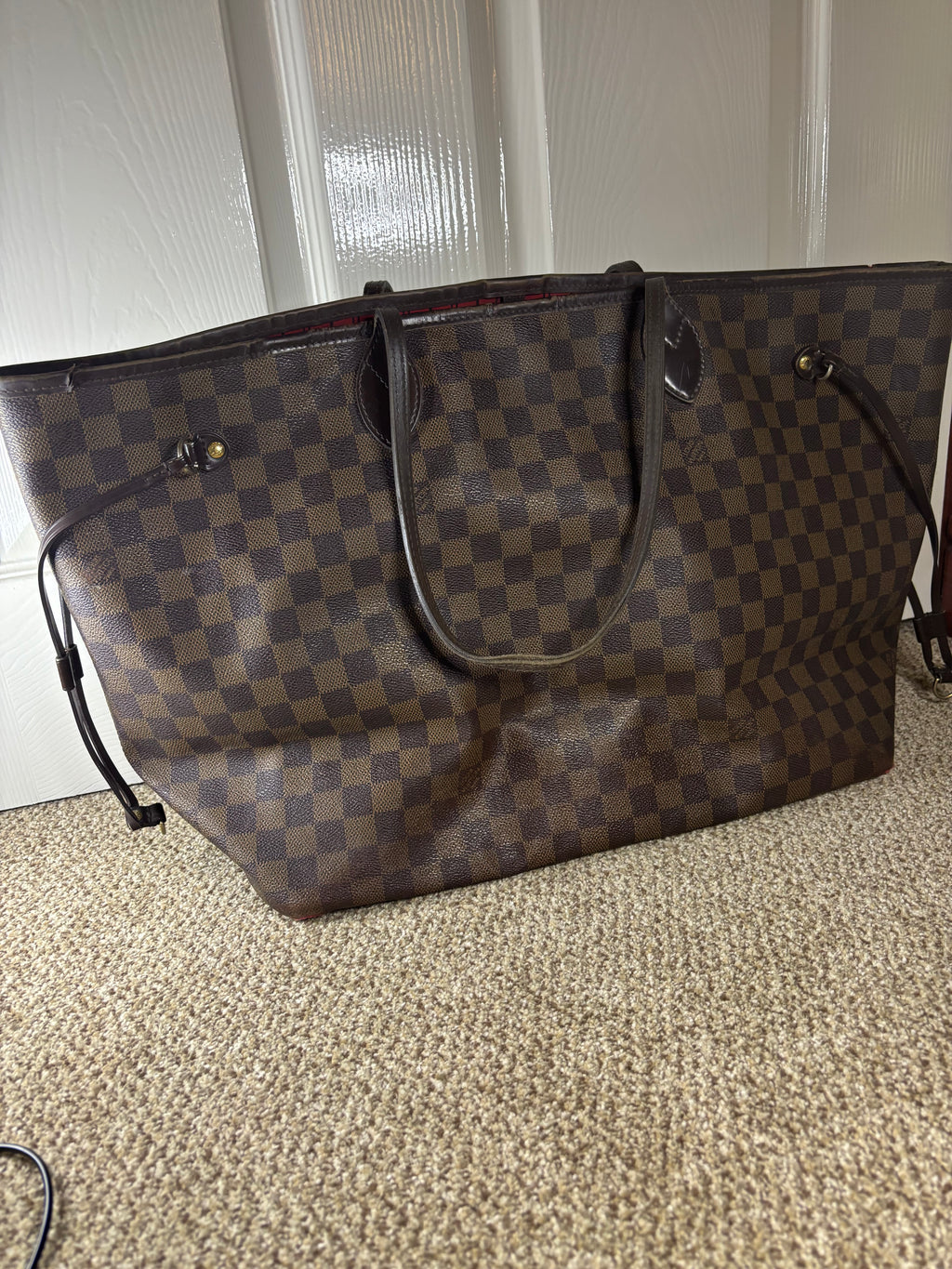 Louis Vuitton Damier Ebene Neverfull Tote Bag Brown Red Interior