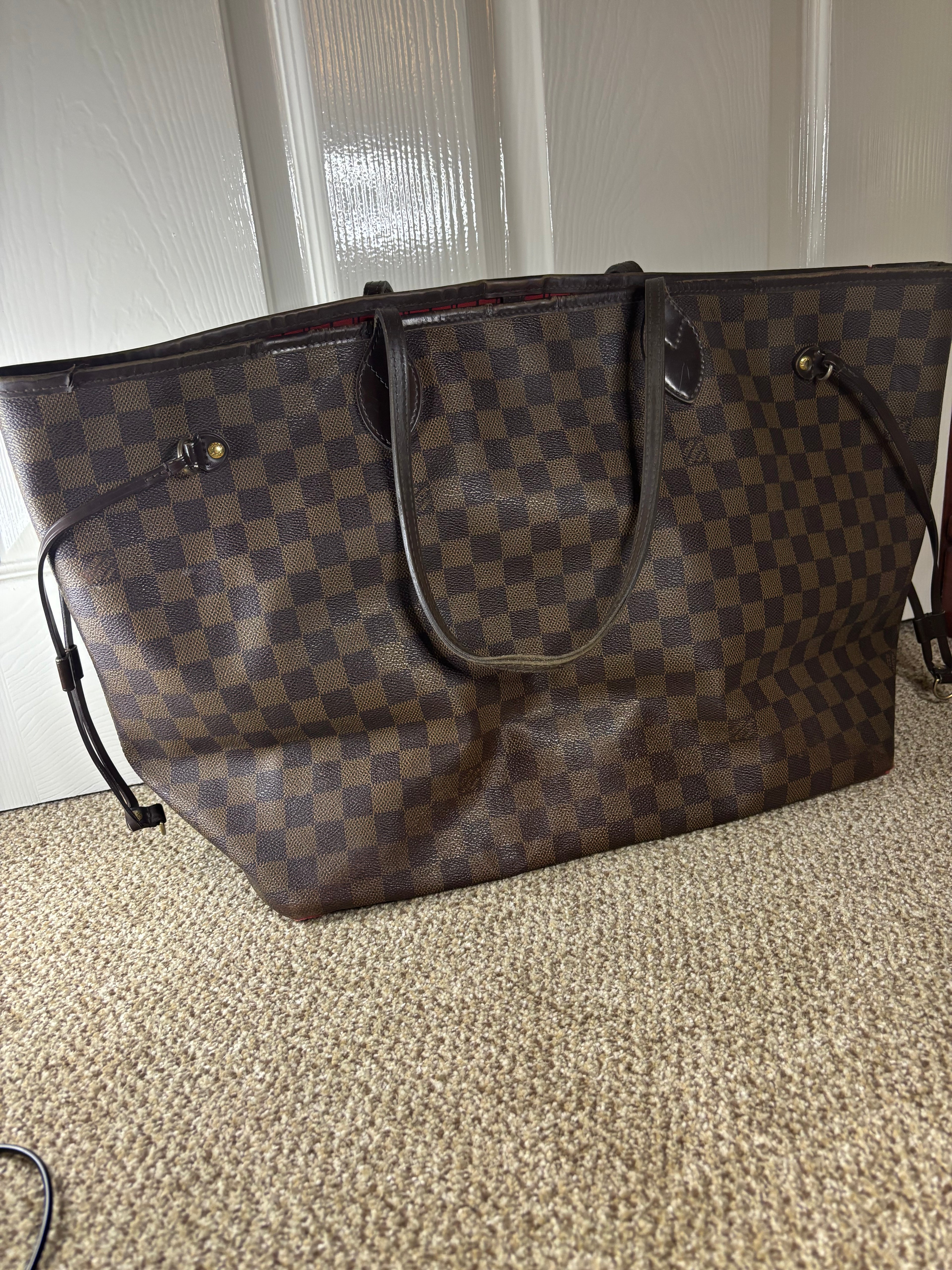 Louis Vuitton Damier Ebene Neverfull Tote Bag Brown Red Interior