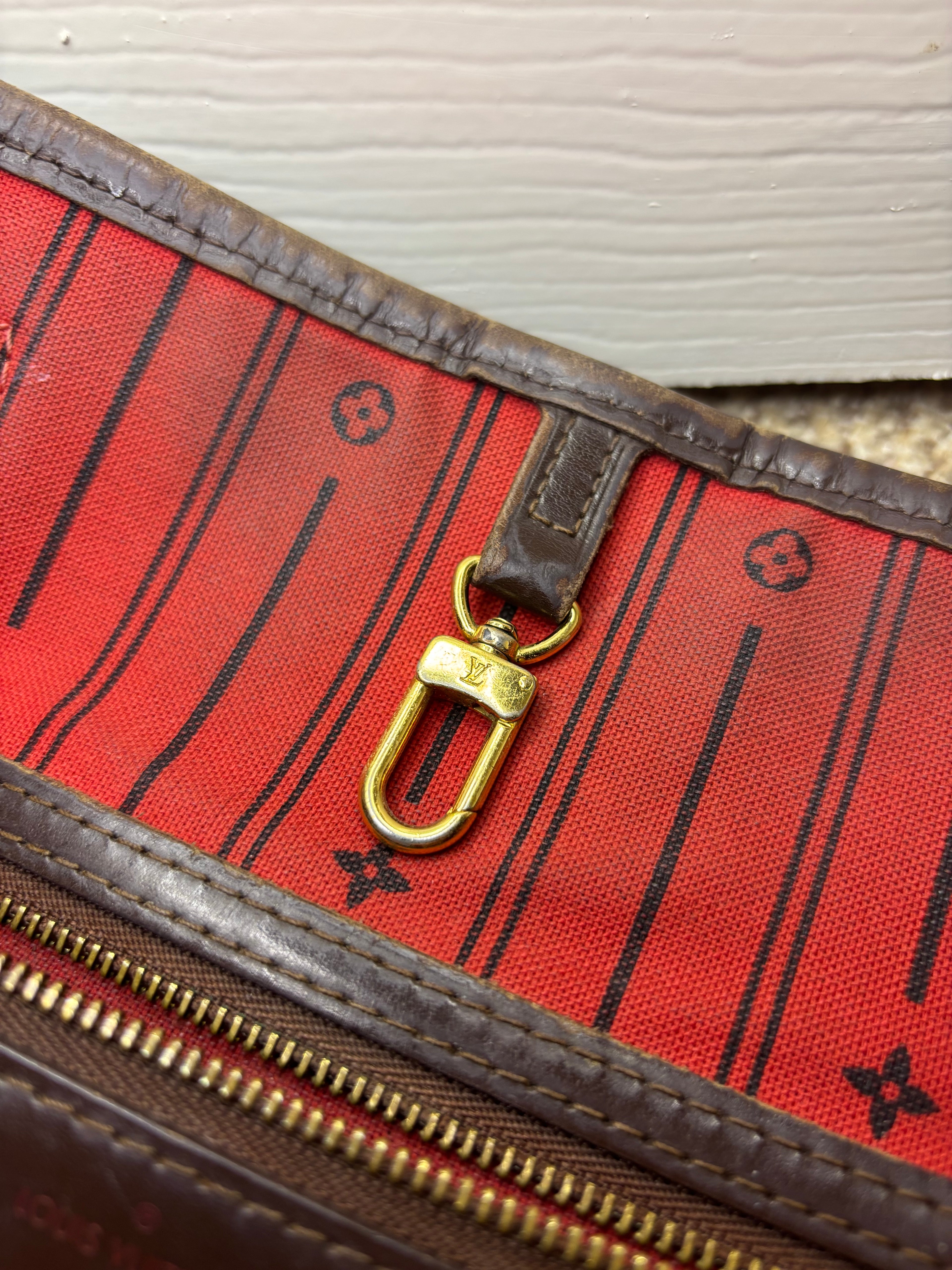 Louis Vuitton Damier Ebene Neverfull Tote Bag Brown Red Interior