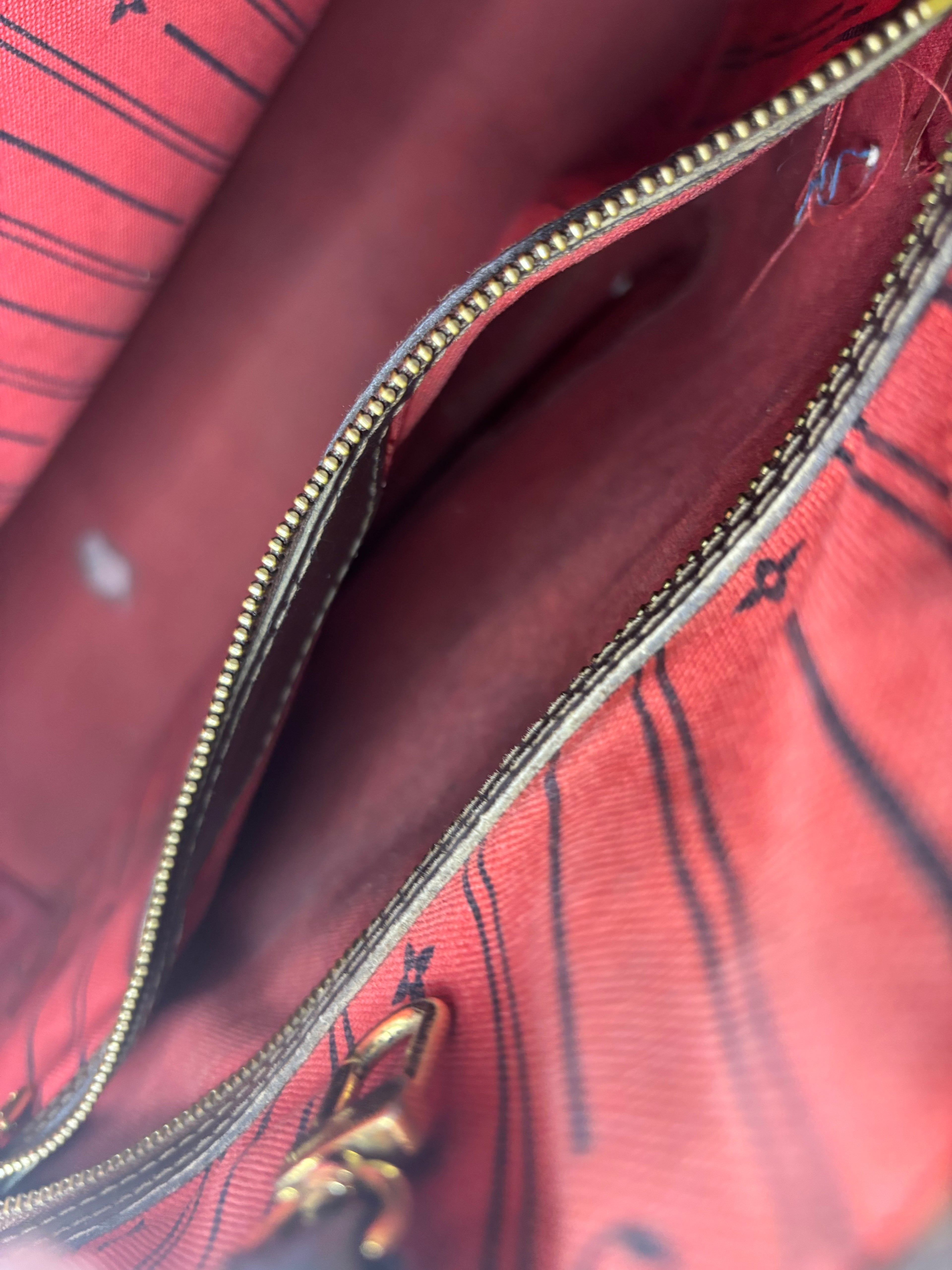 Louis Vuitton Damier Ebene Neverfull Tote Bag Brown Red Interior