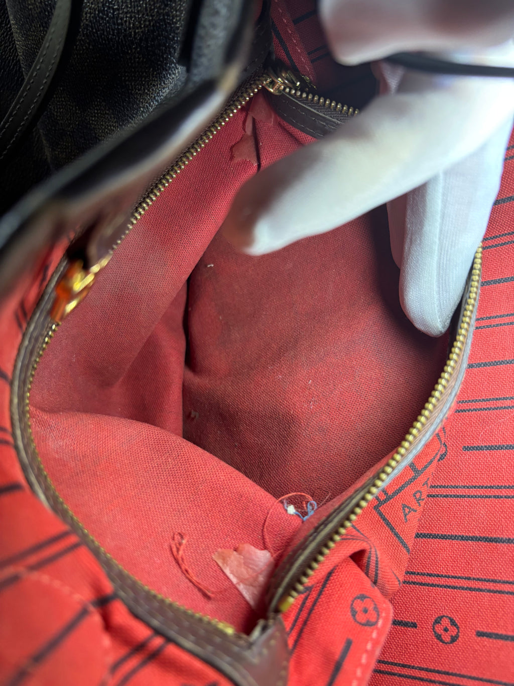 Louis Vuitton Damier Ebene Neverfull Tote Bag Brown Red Interior