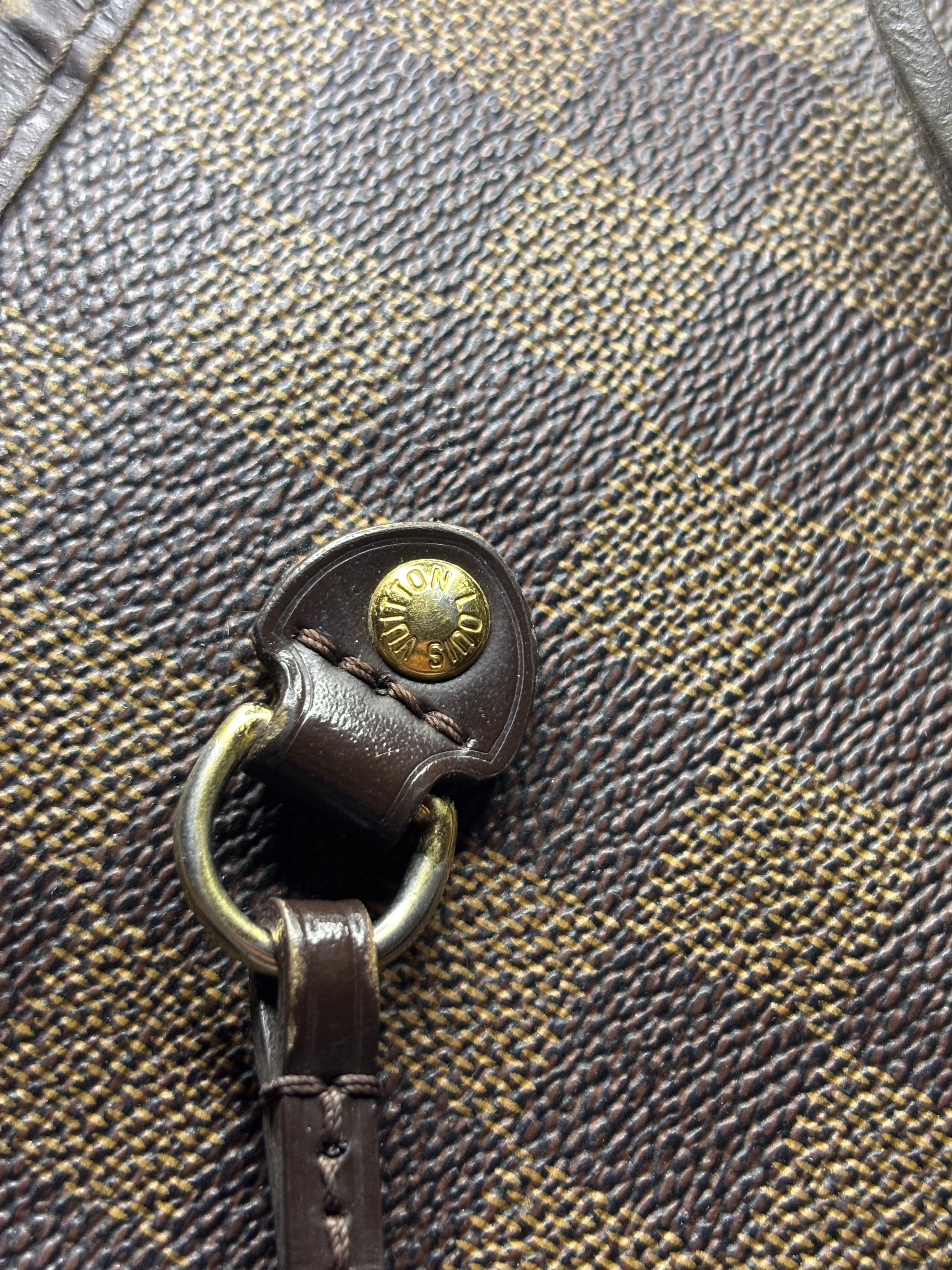 Louis Vuitton Damier Ebene Neverfull Tote Bag Brown Red Interior
