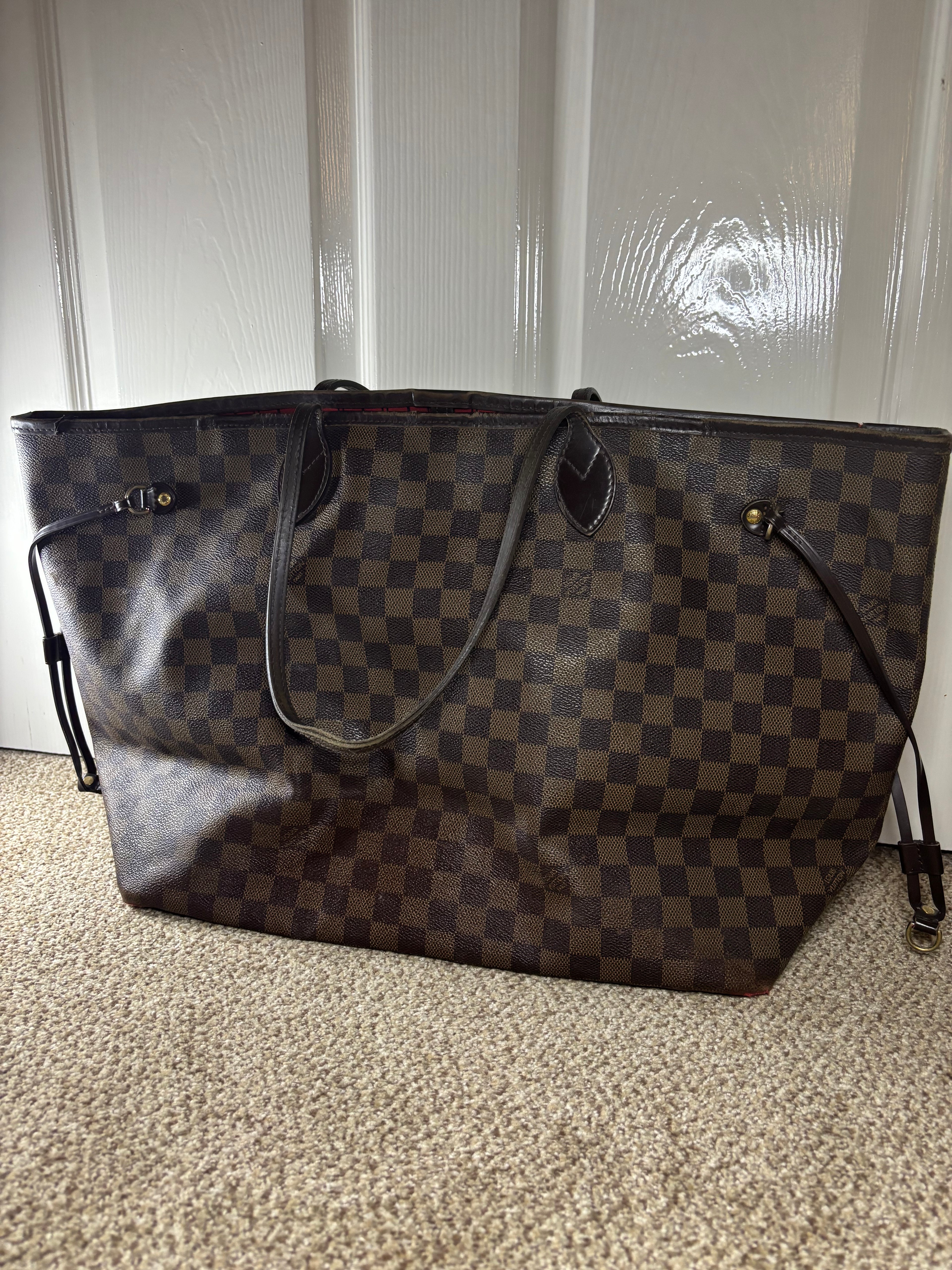 Louis Vuitton Damier Ebene Neverfull Tote Bag Brown Red Interior