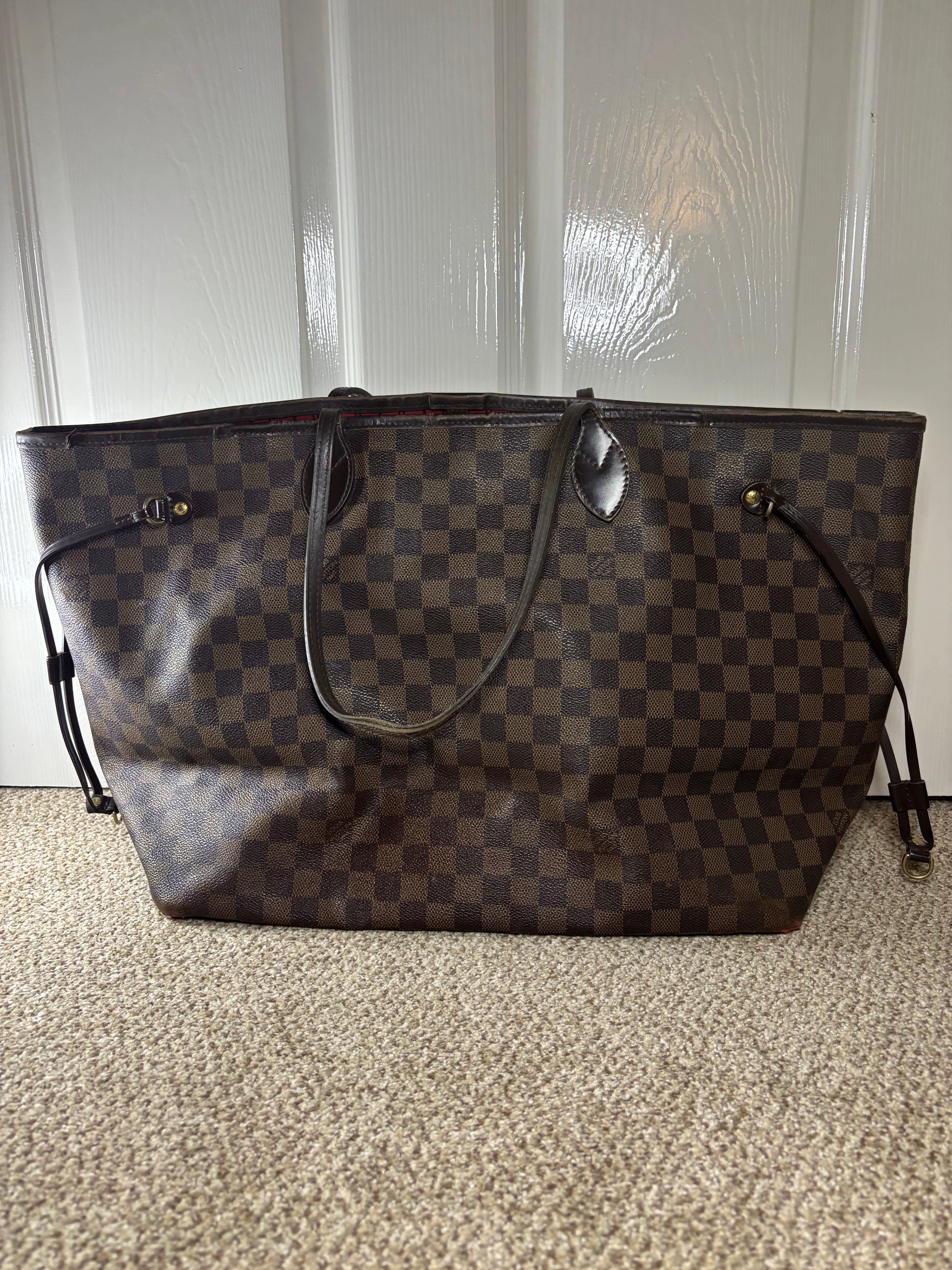 Louis Vuitton Damier Ebene Neverfull Tote Bag Brown Red Interior