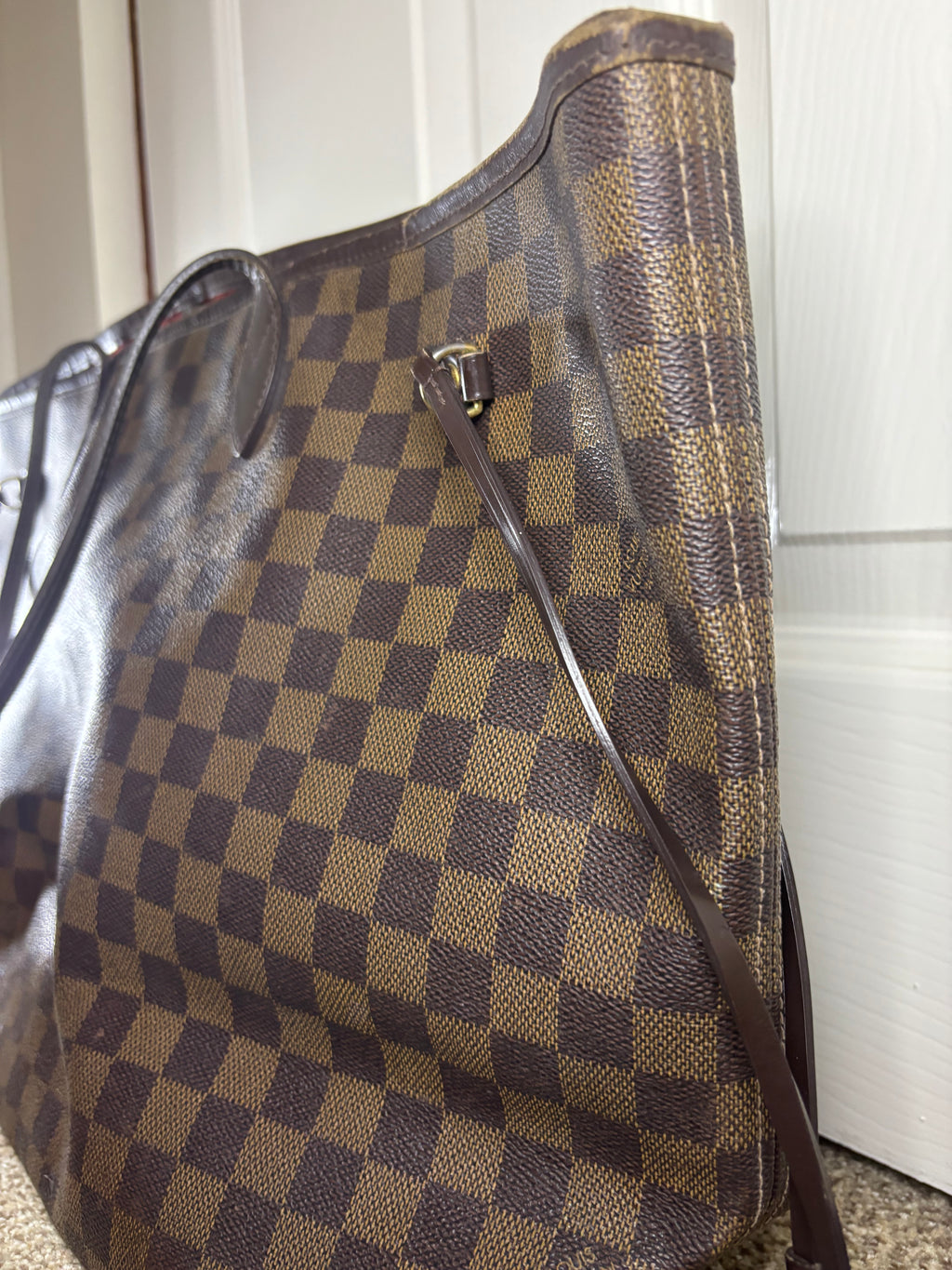 Louis Vuitton Damier Ebene Neverfull Tote Bag Brown Red Interior