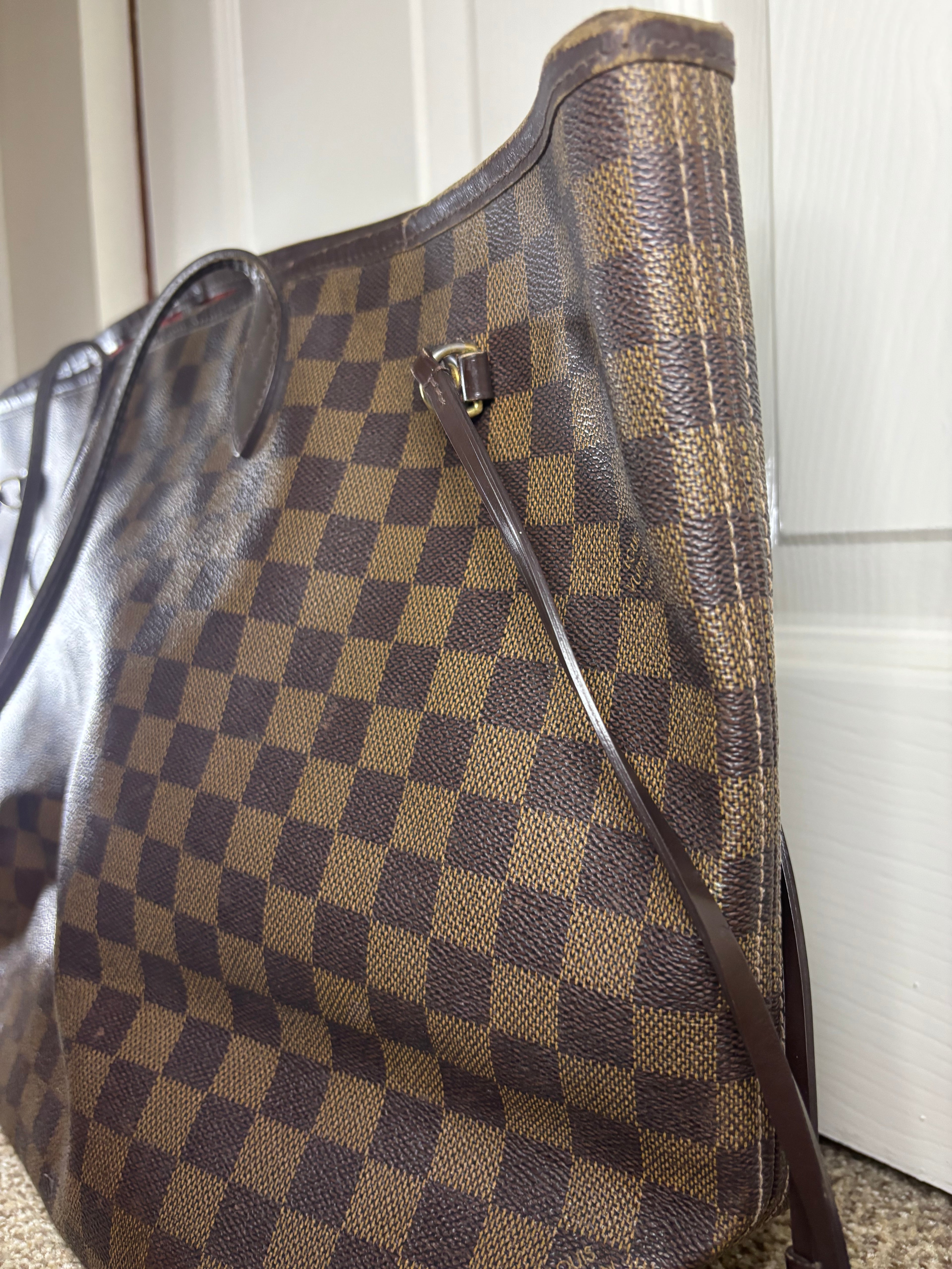 Louis Vuitton Damier Ebene Neverfull Tote Bag Brown Red Interior
