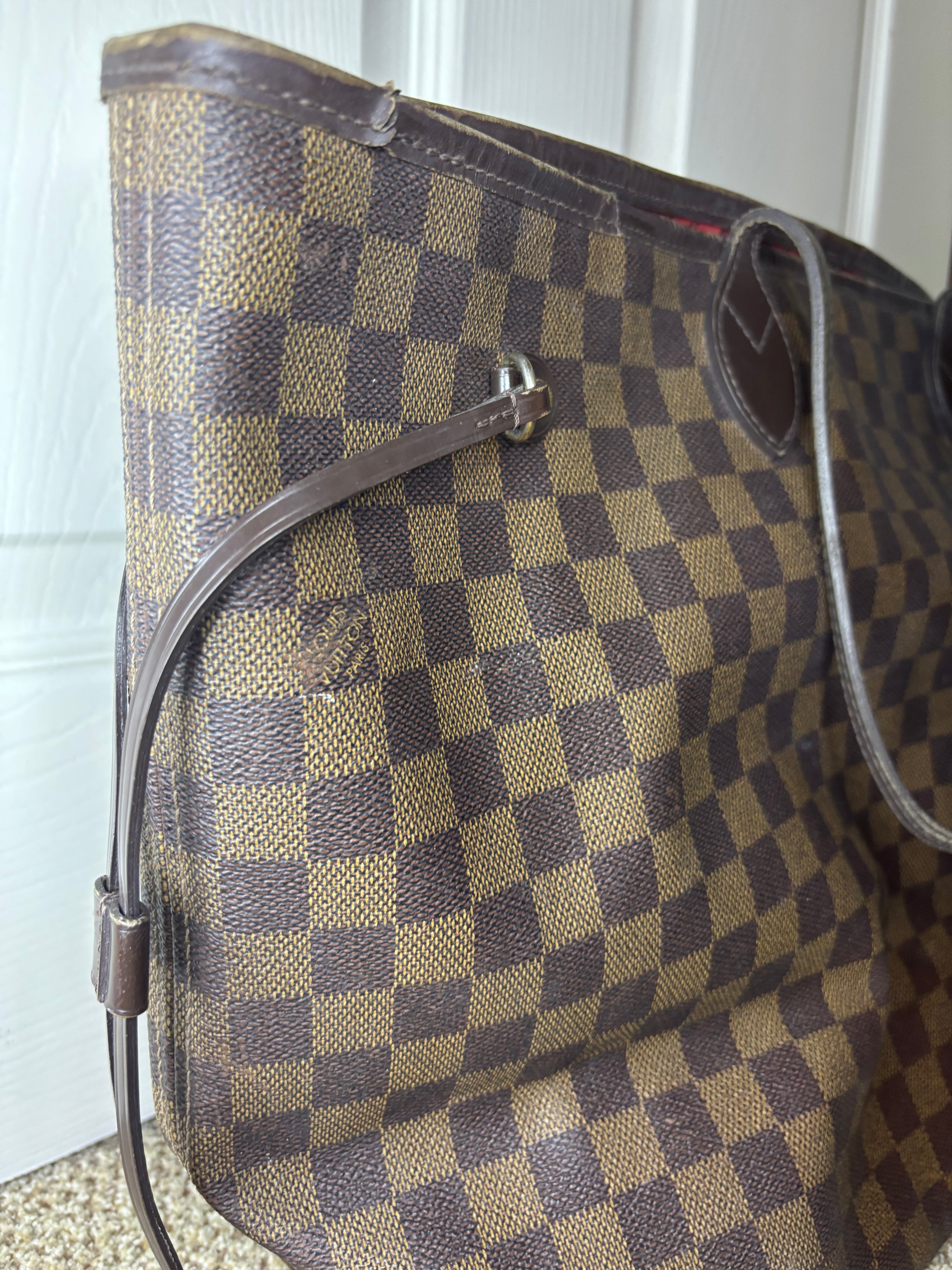 Louis Vuitton Damier Ebene Neverfull Tote Bag Brown Red Interior